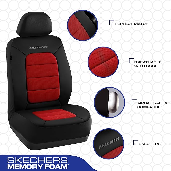 Skechers Memory Foam Seat Covers,Thick Cool Touch Fabric Seat Covers,Front Seat Covers Airbag Compatible,Automotive Comfort P