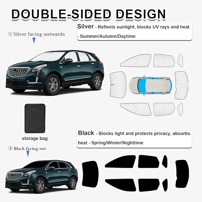 KMF 8pcs Thicken Sun Shades for Cadillac XT5 Accessories 2017-2025, Full Car Window Covers Sunshade for Windshield Side Rear, UV Block and Blackout Privacy for Camping Outdoor