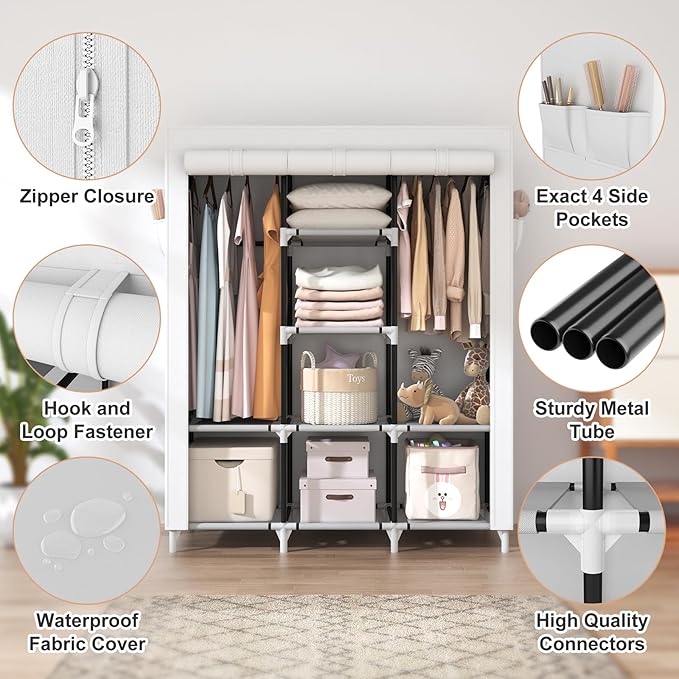 VTRIN Portable Closet Wardrobe for Hanging Clothes with 2 Hanging Rods and 8 Storage Organizer Shelves,Sturdy Large Wardrobe 