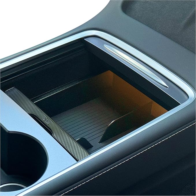 JVMA Center Console Organizer for Tesla Model Y 2024 2023 2022 2021 and Model 3 2021-2023 Accessories with Backlight Transparent Smooth Slide 3 Carbon Edition Upgrade