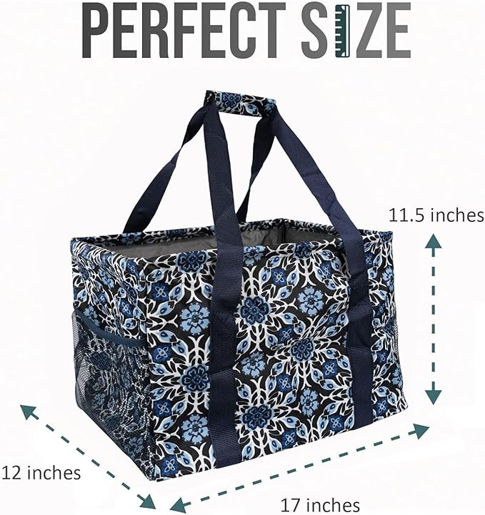 Extra Large Utility Tote Bag - Oversized Collapsible Tote with Wire Frame, Durable Reusable for Beach, Groceries, Laundry, Car Trunk, Storage and Travel - Includes 5x7 Bag with Hook - Blue Snowflake
