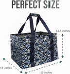 Extra Large Utility Tote Bag - Oversized Collapsible Tote with Wire Frame, Durable Reusable for Beach, Groceries, Laundry, Car Trunk, Storage and Travel - Includes 5x7 Bag with Hook - Blue Snowflake