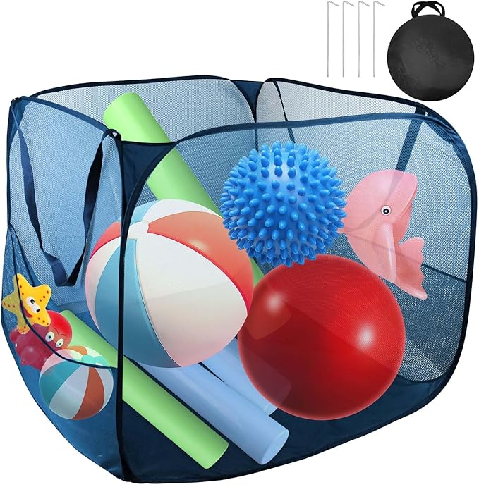Pop up Pool Toy Storage Bin,22"X22"X22"Pool Float Organizer Bag with 2 Side Pockets Mesh Swimming Pool Toys Organizer with 4 