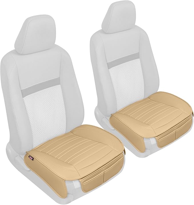 Motor Trend Seat Covers for Cars Trucks SUV, Faux Leather Beige Padded Seat Covers with Storage Pockets, Premium Interior Car