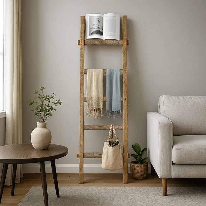 Blanket Ladder Fully Assembled 57in Wooden Ladder Shelf Living Room Bathroom Bedroom Decorative Wall Leaning Farmhouse Quilt 