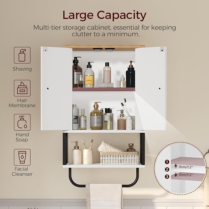 MAHANCRIS Bathroom Wall Cabinet with 2 Door and Adjustable Shelf, Medicine Cabinet with Towel Rack, 3-Tier Wall Mounted Stora