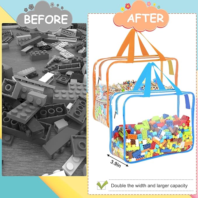 6 Color Large Toy Storage Bags with Labels, Reusable Clear PVC Board Game Storage, Travel Waterproof Organizer Bags with Zipp