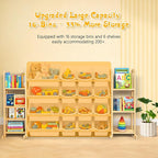 Kids Toy Storage Organizer with Bookshelf – Wooden Shelf with 16 Bins & 6 Shelves, Quick Assembly Storage Rack for Playroom, 