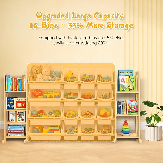 Kids Toy Storage Organizer with Bookshelf – Wooden Shelf with 16 Bins & 6 Shelves, Quick Assembly Storage Rack for Playroom, 