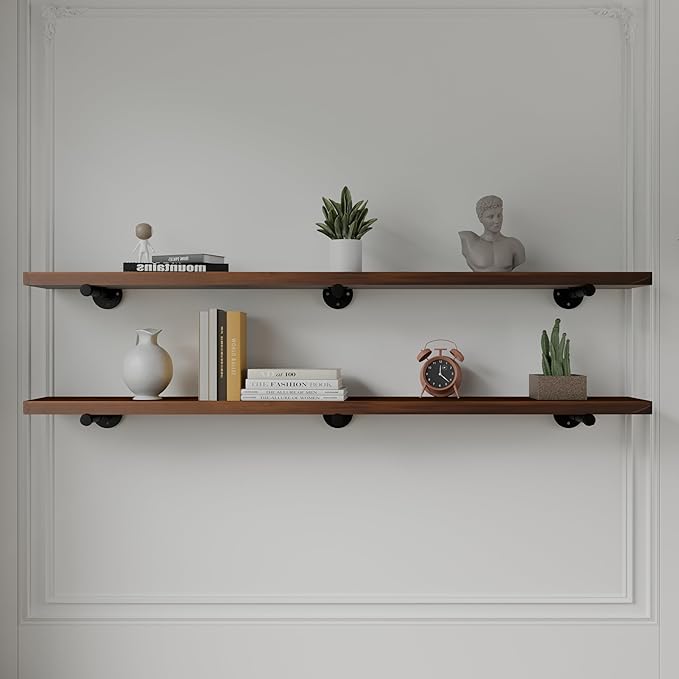 Industrial Pipe Wall Shelves - 60"" Warm Walnut Solid Wood, 12"" Deep Floating Shelving for Farmhouse Rustic Decor, Sturdy St