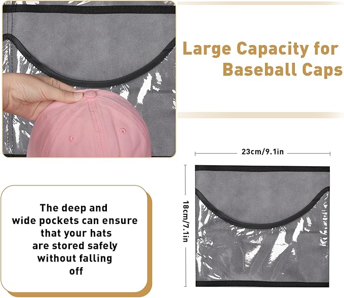 BiCINE Hat Rack for Baseball Caps, 24 Pocket Over The Door Hat Organizer Storage, Hat Holder for Door with 3 Hooks, Grey - 1 