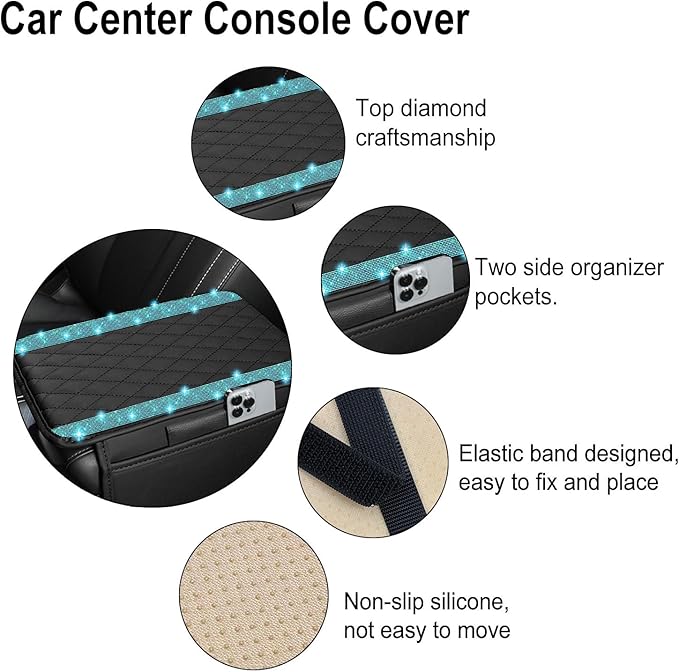 NBTEPEM Bling Car Center Console Cover, Leather Car Arm Rest Cover Cushion with 2 Storage Bags, Universal Auto Armrest Protector Storage Box, Bling Accessories Interior for Most Vehicles (Aquamarine)