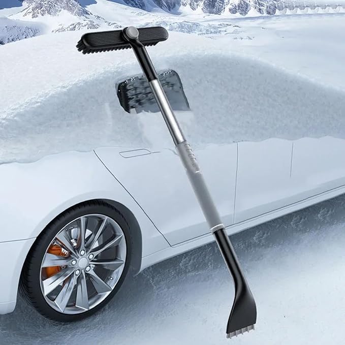 3 In 1 Snow Brush and Ice Scraper for Car Windshield Extendable Snow Removal 360° Pivoting Vehicle Winter Shovel Brush Snow Scraper with Long Handle (Grey)