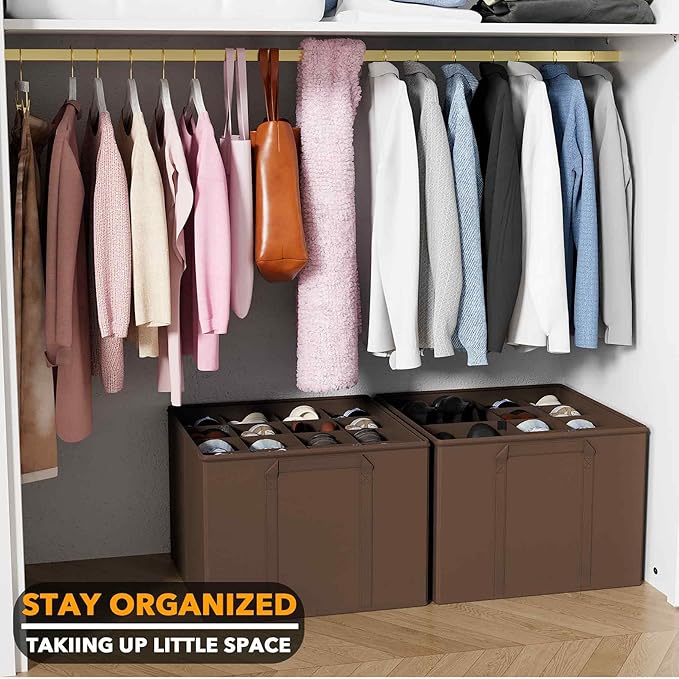 SpaceAid Shoe Organizer for Closet, 2 Pack Foldable Shoe Storage Containers Baskets Boxes Bins w/Adjustable Dividers, Fits 16