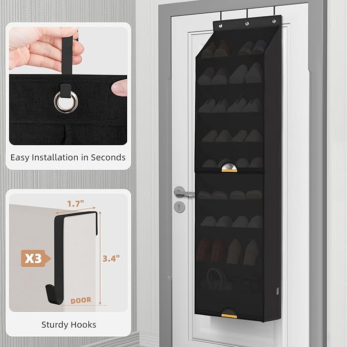 STORAGE MANIAC Over the Door Shoe Organizer with Curtain Dustproof Heavy-Duty Large Deep Pocket Hanging Shoe Organizer for Cl
