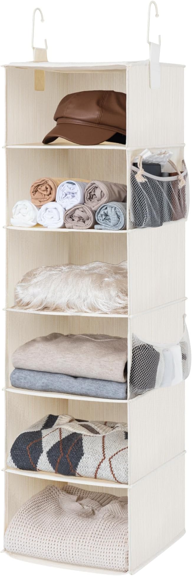 StorageWorks 6-Shelf Hanging Closet Organizer, Hanging Shelves for Closet, Fabric, Mixing of Beige, White & Ivory, 12" D x 12