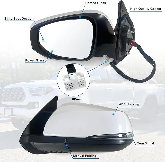 Left Driver side Mirror Fits 2016-2022 Toyota Tacoma With Power Glass, Heated, Turn Signal, Blind Spot Detection and Manual Folding Match to White Paint Replace TO1321350 (8Pins)
