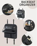Leather Backseat Car Organizer with Foldable Table Tray & Cup Holder - Car Backseat Organizer for Kids, Women, Road Trip Essentials for SUVs, Trucks and Cars (Black)