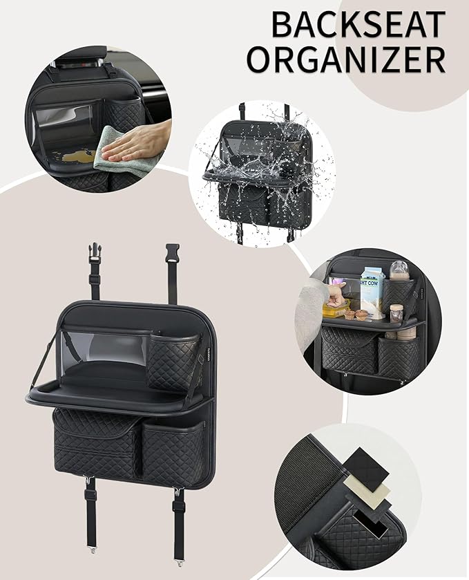 Leather Backseat Car Organizer with Foldable Table Tray & Cup Holder - Car Backseat Organizer for Kids, Women, Road Trip Essentials for SUVs, Trucks and Cars (Black)