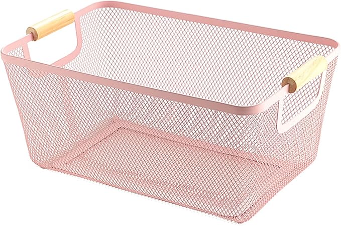 AJIODA Metal Mesh Steel Basket, Large Wire Storage Organizer Basket Multi-function Hanging Kitchen Baskets with Wood Handle f