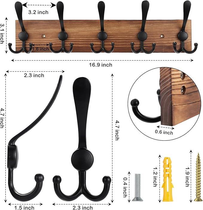 Kuhome Coat Rack Wall Mount Wooden Hat Rack for Wall Hooks Pine Real Wood Plank 16.9" Brown Coat Hanger with 5 Triple Hooks f