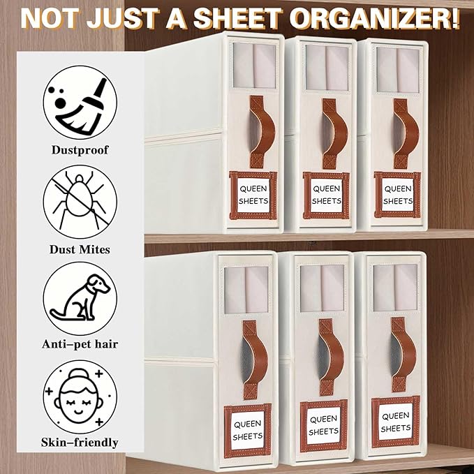 GhvyenntteS Bed Sheet Organizers and Storage 4 Pack (Queen & King Size), Foldable Sheet Organizers and Storage with Window an