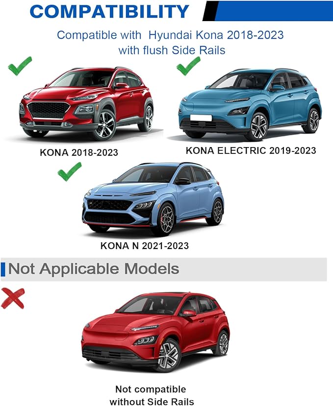 Roof Rack Cross Bars 220lbs Compatible with 2018-2023 Hyundai Kona & Kona N & Kona Electric with Flush Side Rails,Heavy Duty Aluminum Lockable Roof Rails Crossbars Black Rooftop Luggage