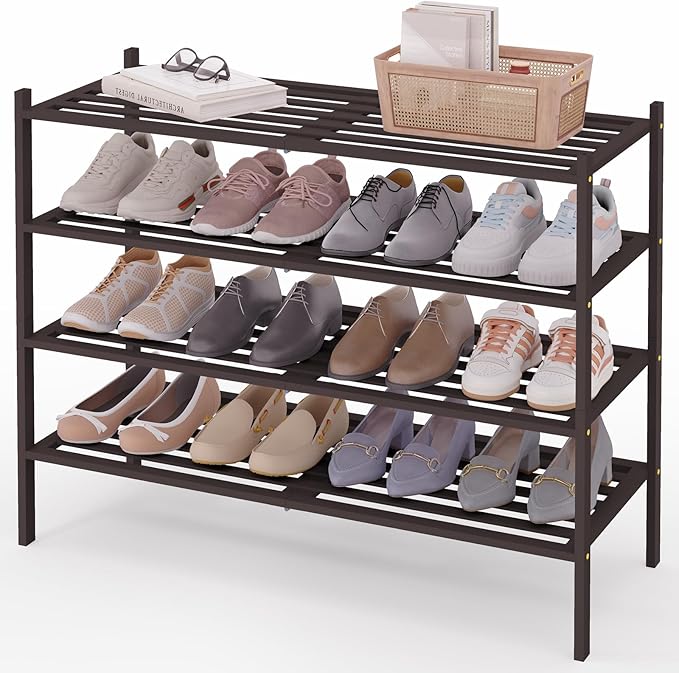 Smiry Long Bamboo Shoe Rack 4-Tier, Stackable Wooden Shoe Organizer for Entryway & Closet, Free Standing Wood Shoe Storage Sh