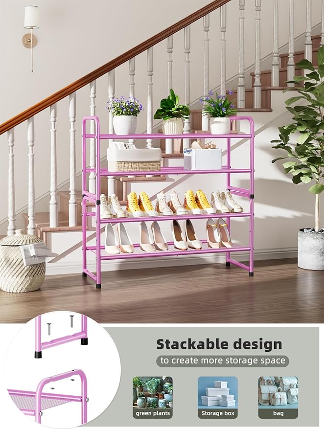 SUFAUY 2-Tier Mesh Shoe Rack, Closet Metal 33" Wide Shoe Shelf Heavy Duty, Pink