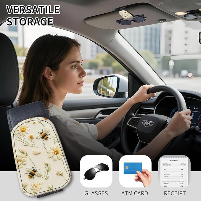 Sunglasses Holder for Car Visor, PU Leather Glasses Clip Organizer, Cute Magnetic Eyeglass Holder for Vehicle Sun Visor, Car Interior Accessory for Women & Men Bee Daisy Cream