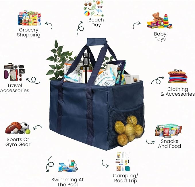 Extra Large Utility Tote Bag - Oversized Collapsible Tote with Wire Frame, Durable Reusable for Beach, Groceries, Laundry, Car Trunk, Storage and Travel - Includes 5x7 Bag with Hook - Navy Blue