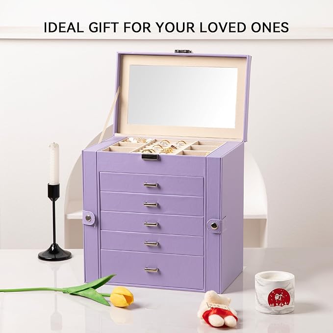 Frebeauty Large Jewelry Box,6-Tier PU Leather Jewelry Organizer,Multi-functional Storage Case with Mirror,Accessories Holder 