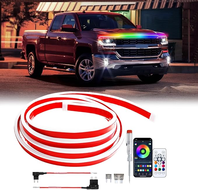 Car Led Lights Exterior RGB Hood Light Strip IP68 Waterproof Multicolor Dynamic Scan Start Up Hoodbeam Kit Compatible with Chevy Silverado 1500 2500,Truck,SUV,APP Control,12V 71inches