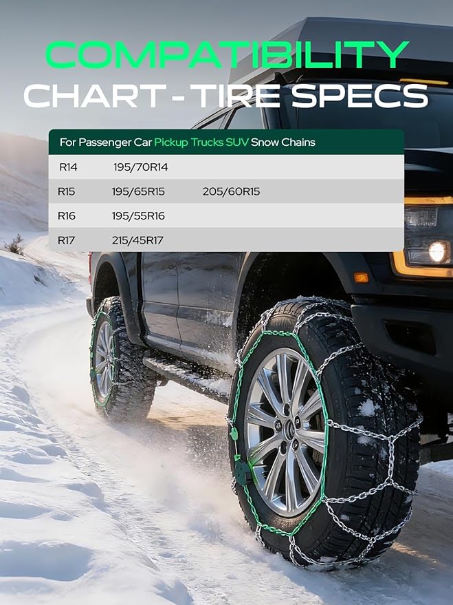 YHTAUTO Set of 2 Snow Chains 12MM Fit 195/70R14 195/65R15 205/60R15 195/55R16 215/45R17 Pickup Truck SUV Passenger Car Tire C