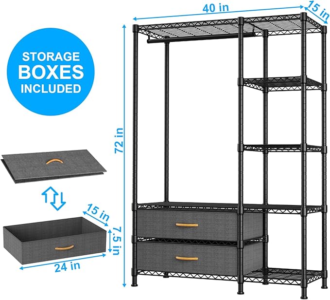 Ulif F3 Heavy Duty Clothes Rack（With Fabric Drawers）Freestanding Clothing Racks for Hanging Clothes，Adjustable Closet Organiz
