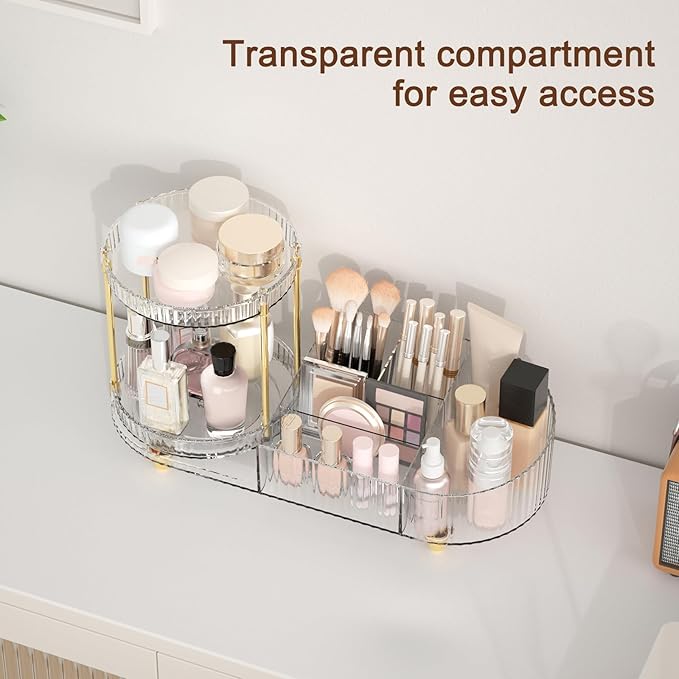 Makeup Organizer Countertop for Vanity, Rotating Perfume Tray with 5-compartment Cosmetic and Skincare Organizers, Multi-Purp