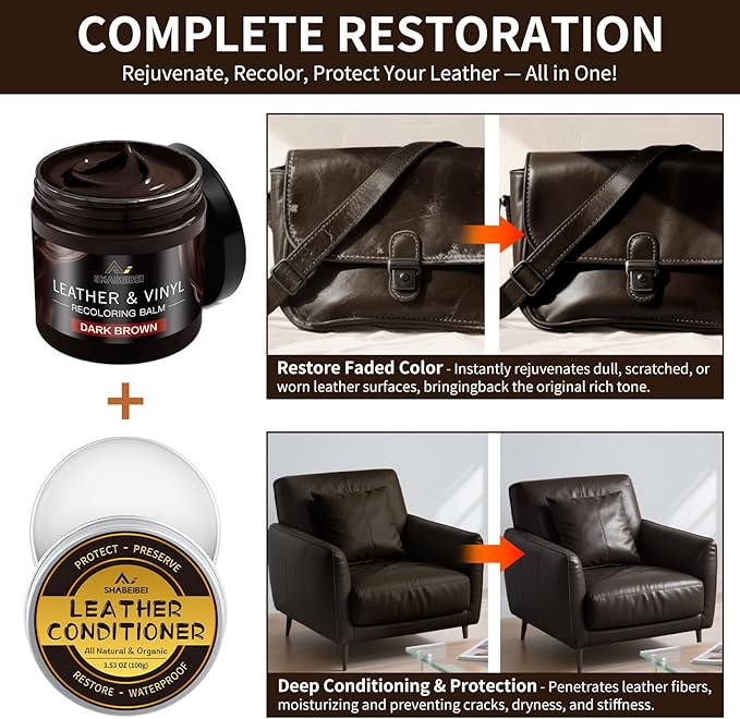 Leather Recoloring Balm with 100ml Mink Oil, Dark Brown Leather Repair Kit and Scratch Remover for Furniture, Car Seats, Sofa