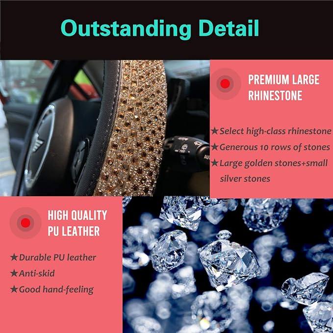 PINCTROT Bling Bling Comfy Steering Wheel Cover with Jumbo Crystal Rhinestones, Anti-Slip Diamond Leather Car Steer Cover (Gold)