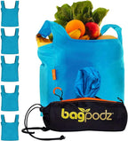 Sturdy Reusable Grocery Bags Foldable and Washable - Made From RipStop Nylon Hold 50lbs - Designed in USA Reusable Shopping Bags Inside a Compact Pod with Carry Clip - 5 Pack in Blue