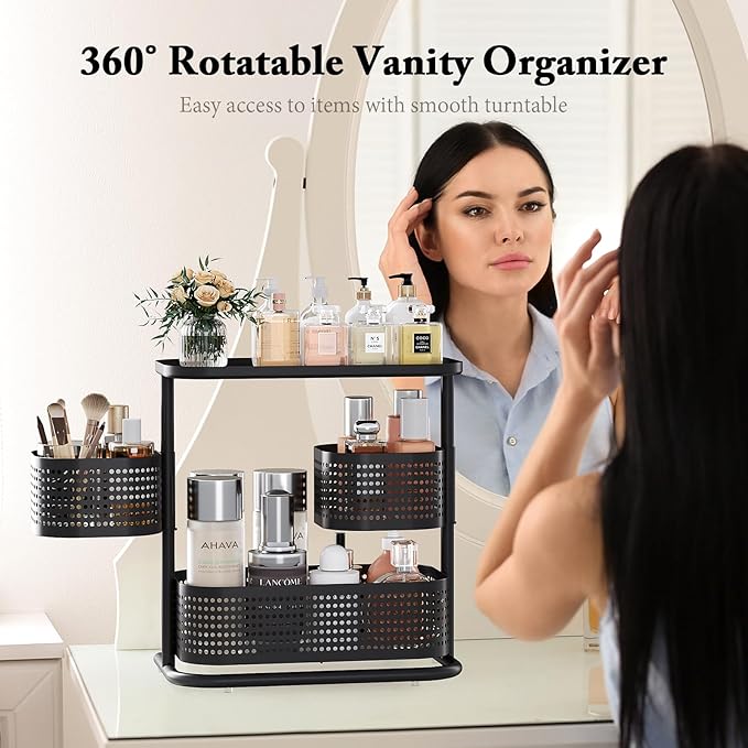 3 Tier Bathroom Counter Organizer, Rotating Countertop Vanity Storage Cabinet with Standing Shelf, Cosmetic Holder for Skinca