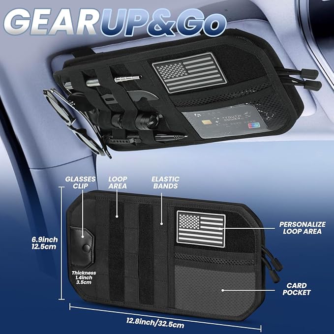 LEPHYON Molle Visor Organizer for Car, 1000D Polyester Tactical Panel Sun Glasses Holder with Zipper Pockets, Adjustable Straps for SUV Truck Pickup Patrol Car Storage (Black)