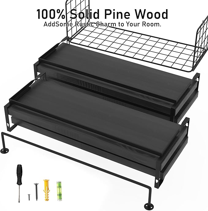Black Wood Floating Shelves Wall Mounted - 3+1 Tier Rustic Bathroom Wall Shelves Over Toilet with Wire Storage Basket and Tow