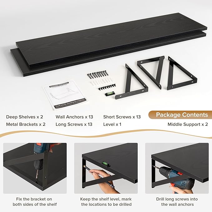 Deep Floating Shelves Wall Mounted, 48"x12" Black Wall Shelves with Brackets Set of 2 for Bedroom, Living Room, Bathroom, Kit