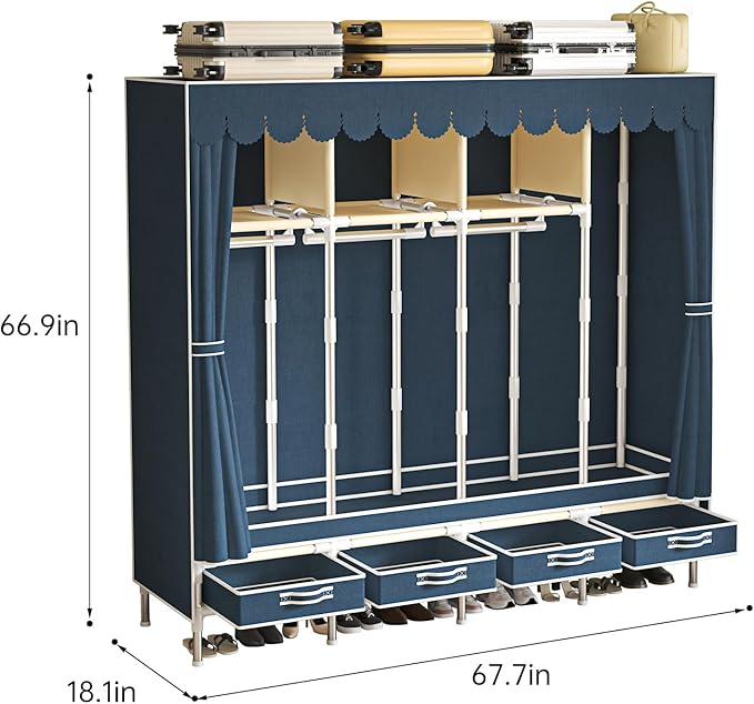 Portable Wardrobe with 4 Drawers and 3 Shelves, 67 Inch Large Capacity Freestanding Wardrobe Hanging Organizer with Lid for B