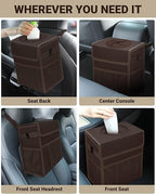 Capolo Car Trash Can with Lid, Leakproof Car Trash Bag Hanging Waterproof Automotive Garbage Can with Storage Pockets Mini Vehicle Trash Bin for Back/Front Seat(Brown,3 Gallon)