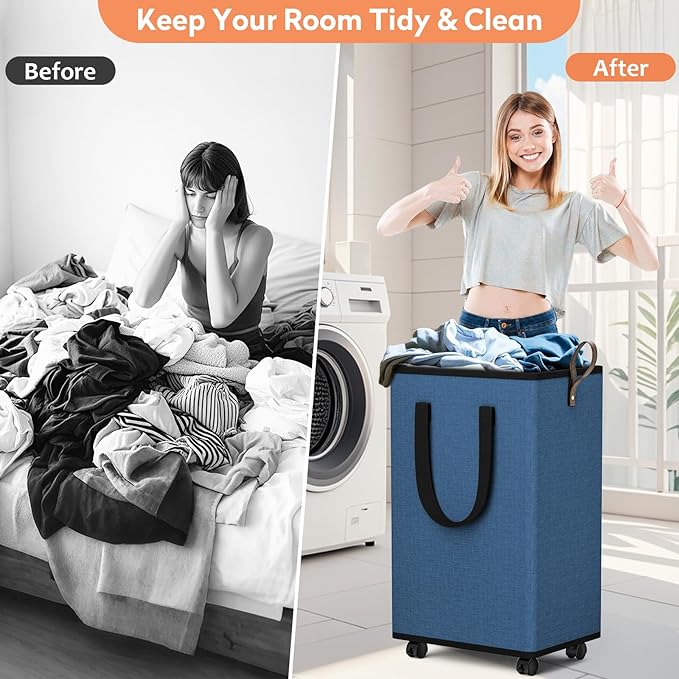 SpaceTrove Laundry Basket with Wheels, Collapsible Laundry Baskets, Laundry Hamper with Handles Detachable Wheels, Rolling La