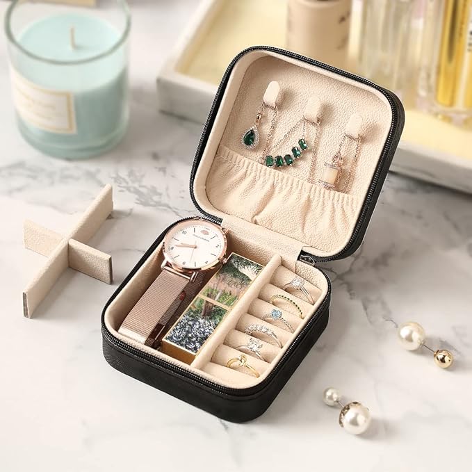ZPROW Travel Jewelry Case, Mini Portable Jewelry Travel Boxes, Small Jewelry Organizer for Rings, Earrings, Pendants, Watches