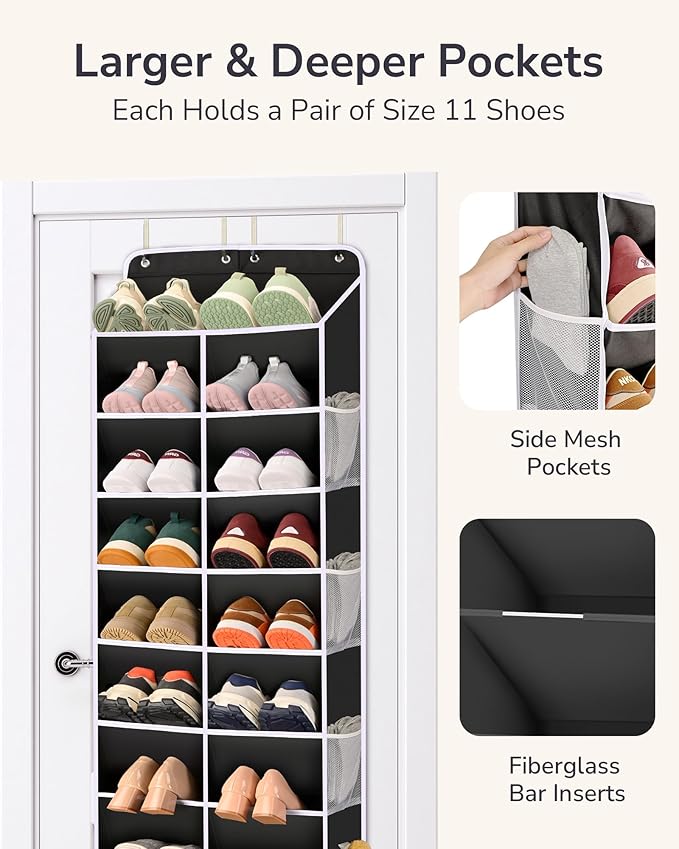 ULG Over The Door Shoe Organizer for Closet Fit 24-32 Pairs with Large Deep Pockets, Narrow Shoe Rack for Door Hanging Boots 
