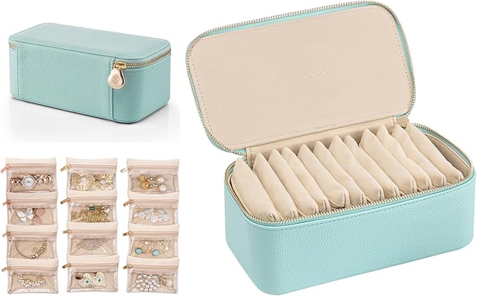 VLANDO Travel Jewelry Box Organizer – Portable PU Leather Jewelry Case with 6/8/12 Zippered Pouches, Compact Storage for Earr