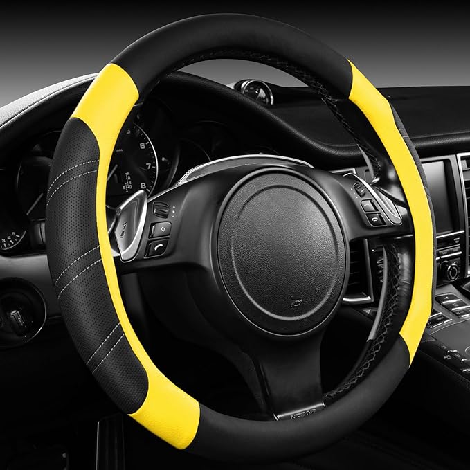 CAR PASS Leather Steering Wheel Cover and Waterproof Car Floor Mats,Microfiber Universal Car Combo Fit for 95% Sedan SUV Van 